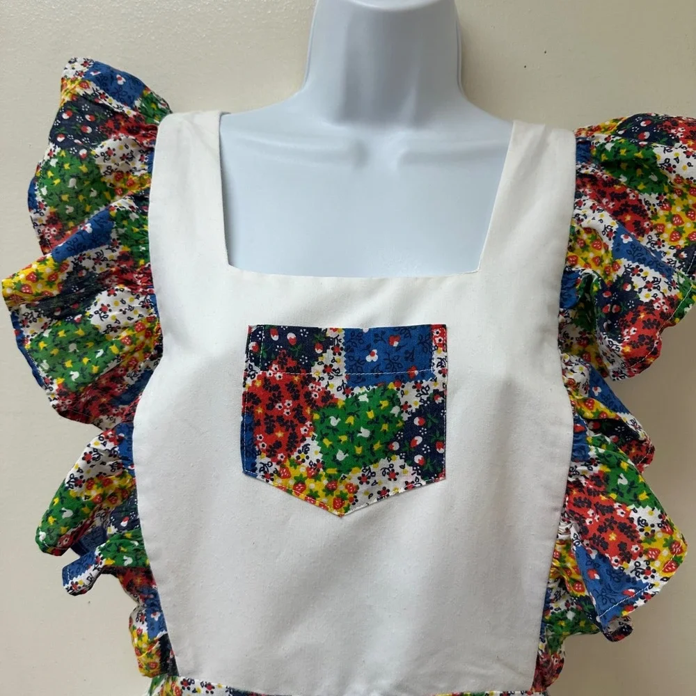 Vintage Handmade White Cotton Pinafore Apron Ruffle Floral Patchwork Cottagecore